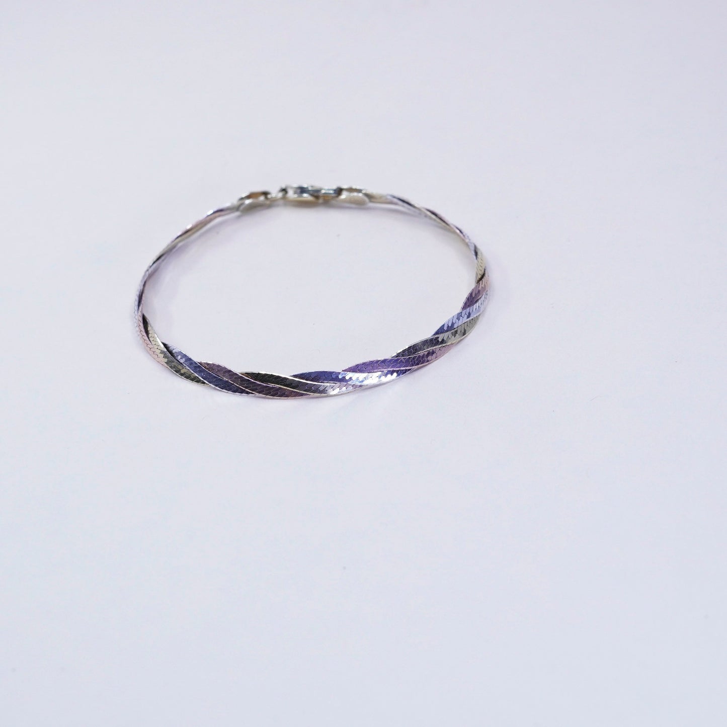 7”, vermeil gold sterling silver bracelet, triple tone 925 herringbone chain
