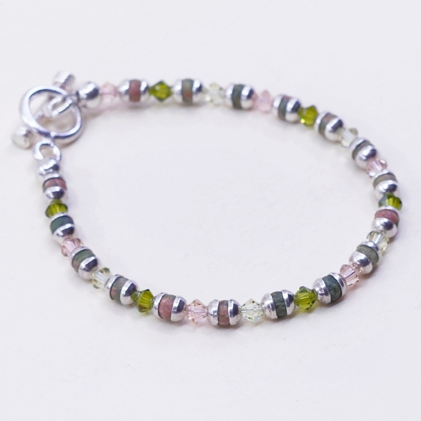 6.75”, Vintage Sterling 925 silver handmade bracelet with pink crystal Unakite