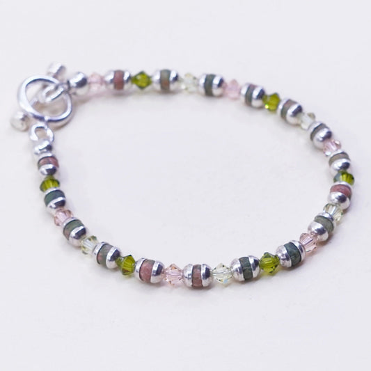 6.75”, Vintage Sterling 925 silver handmade bracelet with pink crystal Unakite