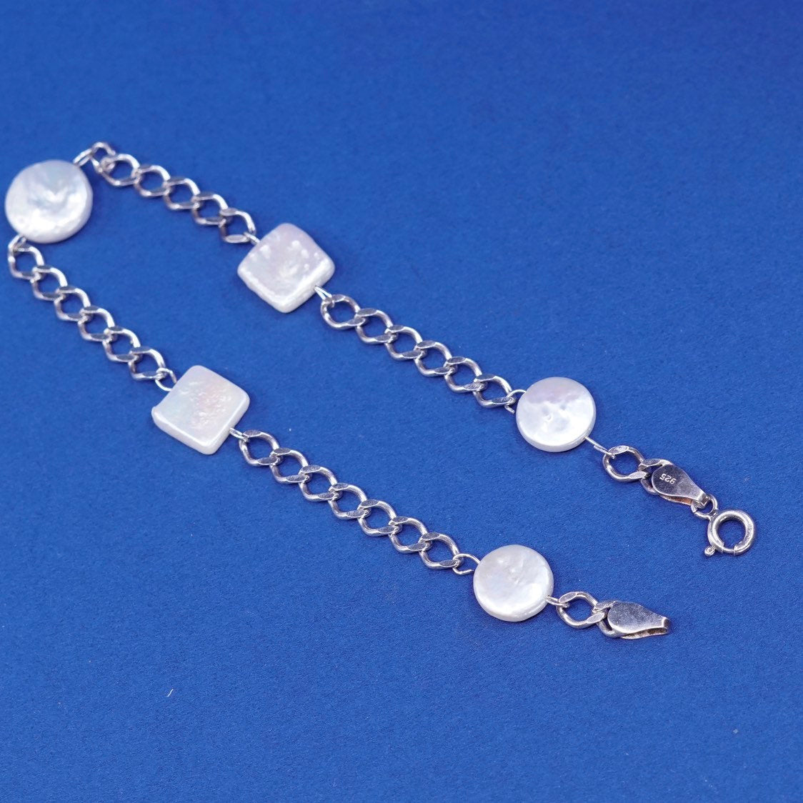 7.75", vtg Sterling silver handmade bracelet, 925 clasp w/ pearl beads