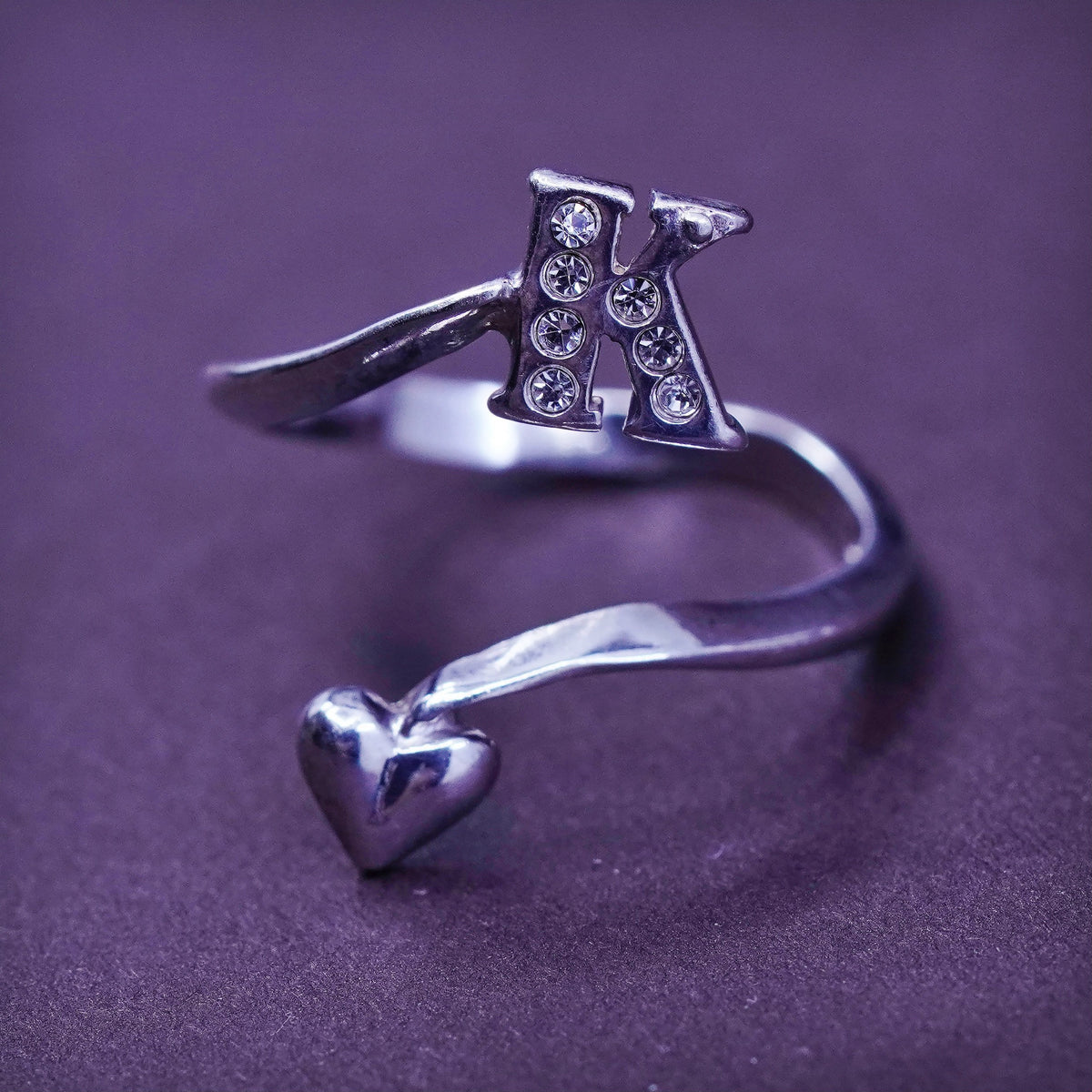 Size adjustable, vintage PQ Sterling silver ring, 925 initial letter band K cz