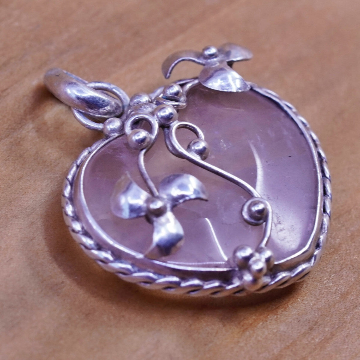 Vintage Sterling silver handmade pendant, 925 heart with pink quartz