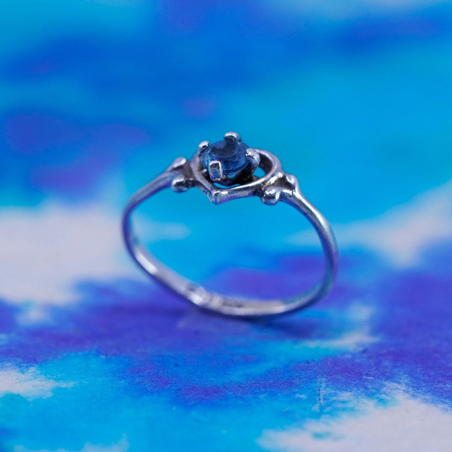 Size 5, vintage sterling 925 silver handmade heart ring with blue topaz
