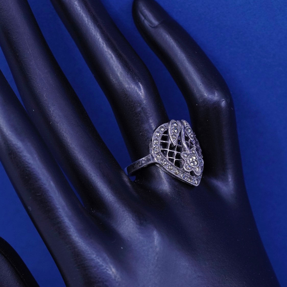 sz 8.25, vtg Sterling silver handmade ring, 925 flower w/ marcasite