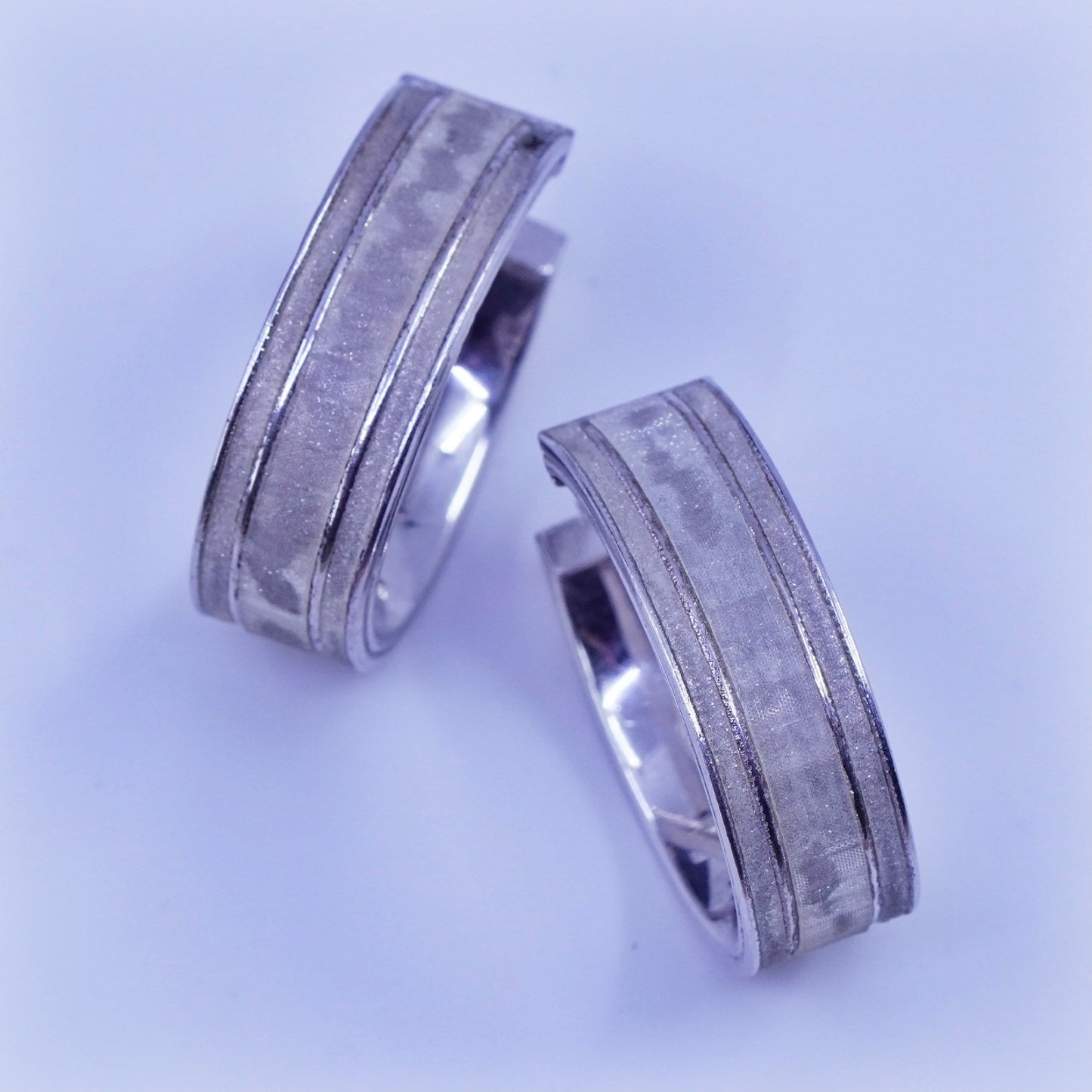 1.25”, vtg Sterling silver handmade earrings, oval 925 matte glittering hoops