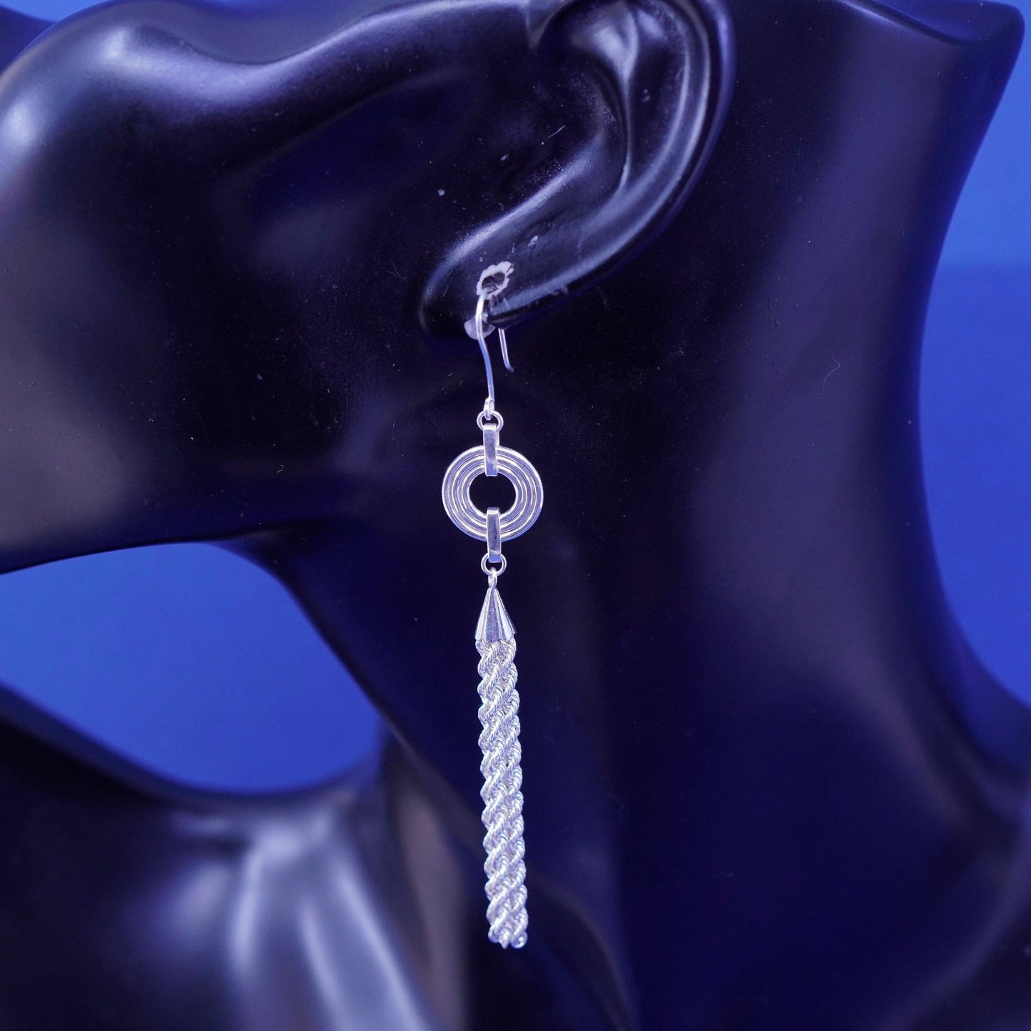 Vintage Peru 925 silver handmade earrings with rope chain fringe