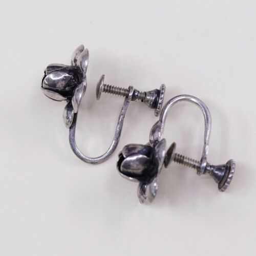 Vtg Sterling 925 Silver Handmade Screw Back Earrings Rose Flower, Stamped Sterli