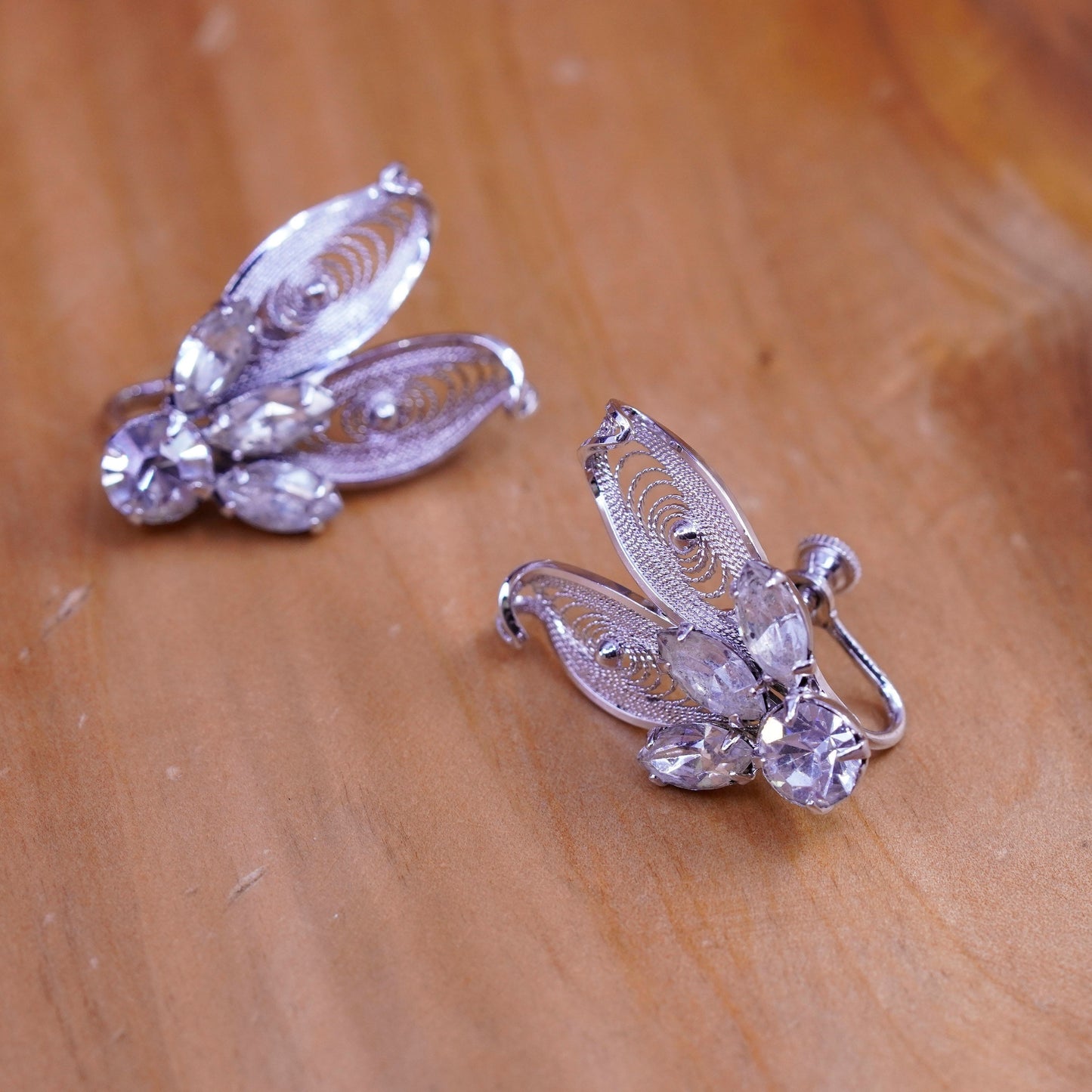 Sterling silver handmade screw back earrings, 925 floral filigree rhinestones