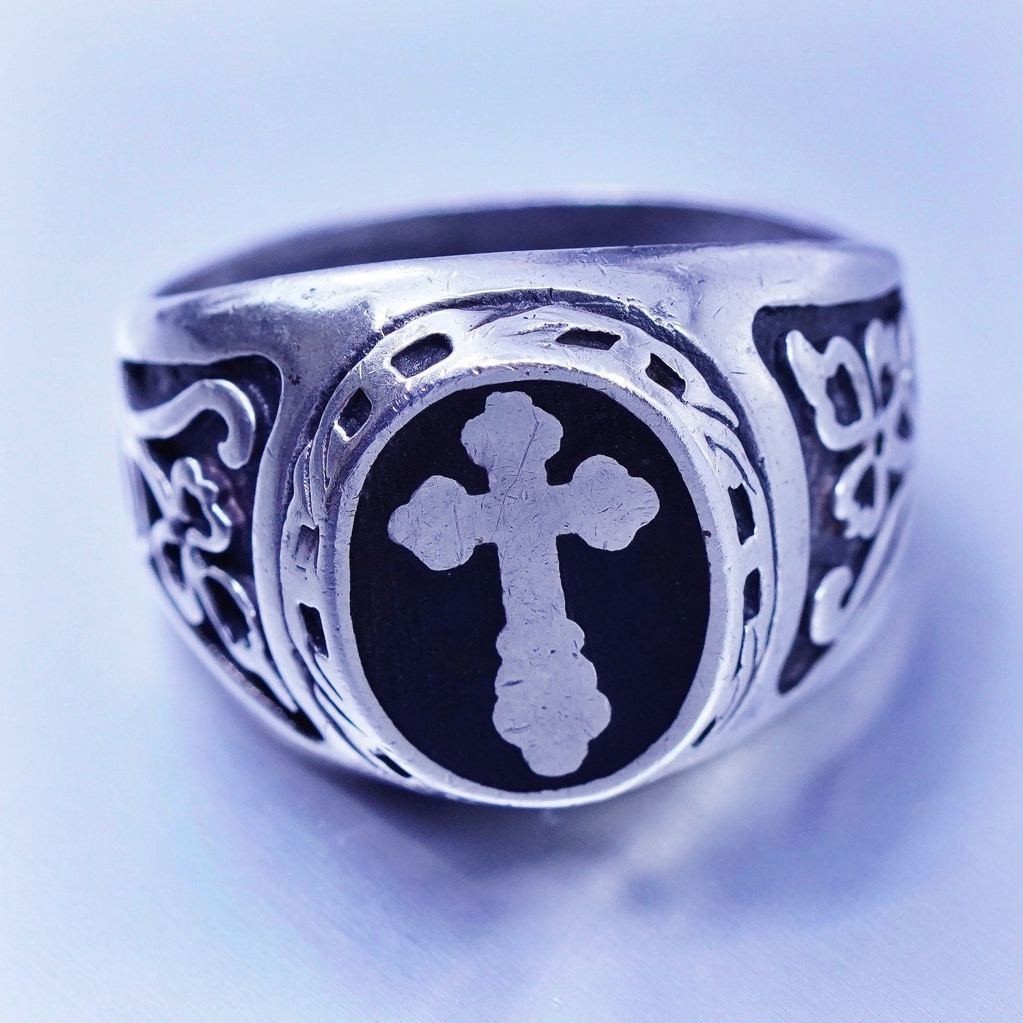 Size 12, vintage statement Sterling 925 silver ring, cross band black enamel