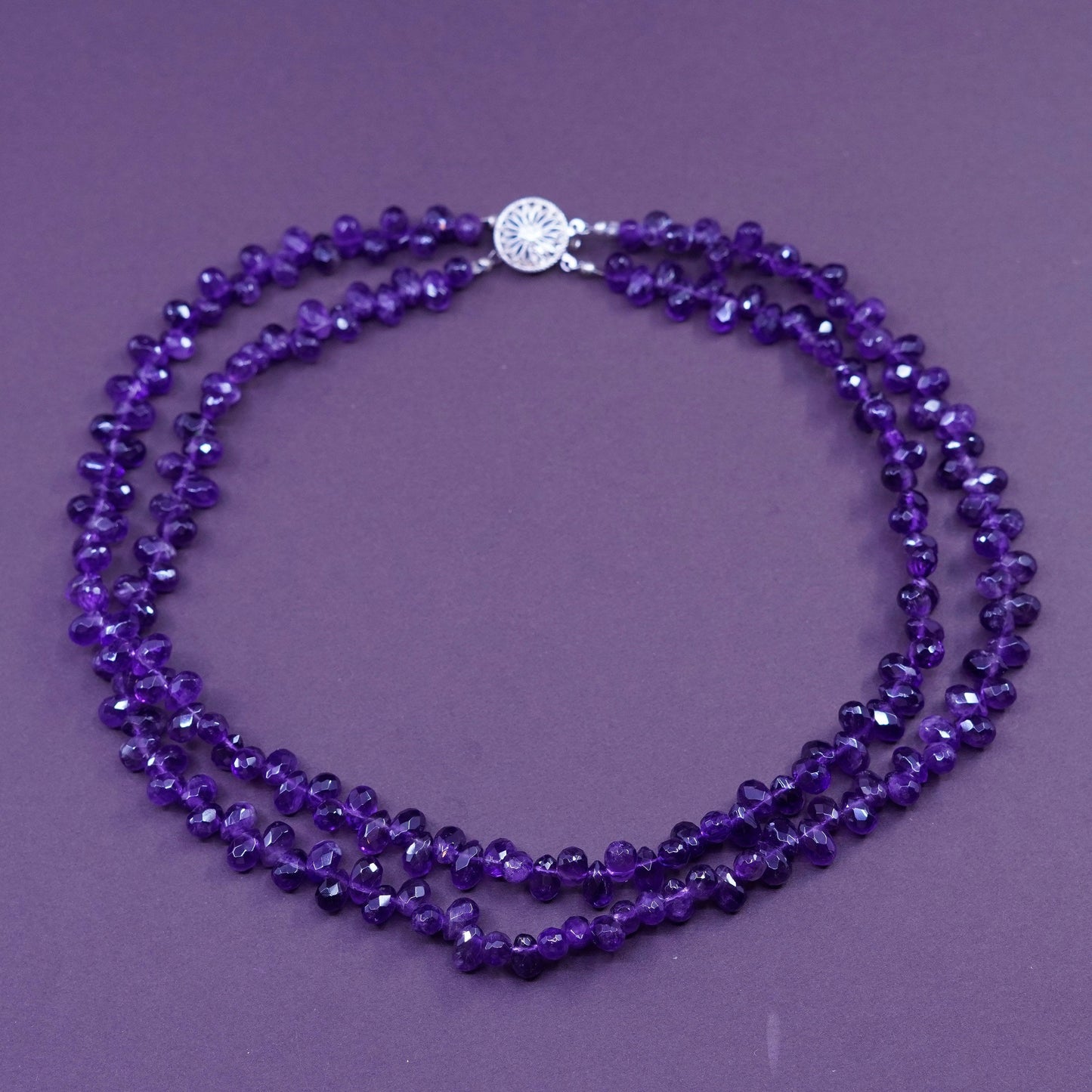 16”, vintage sterling silver handmade necklace with double amethyst strands