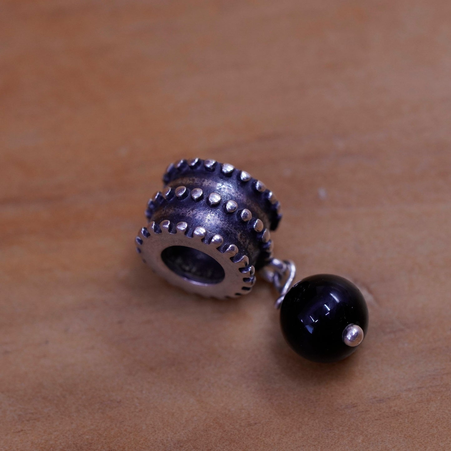 Vintage Sterling 925 silver handmade pendant charm with obsidian bead