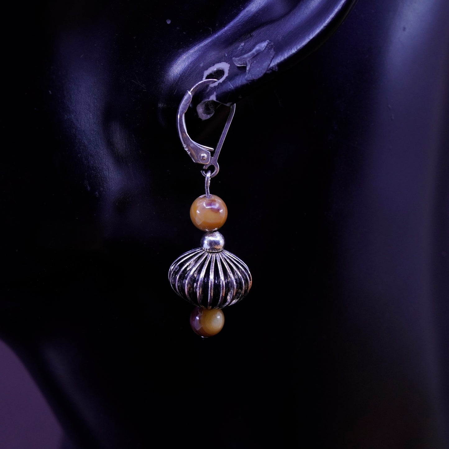 Vintage Sterling 925 silver handmade earrings with golden cat’s eye drops beads