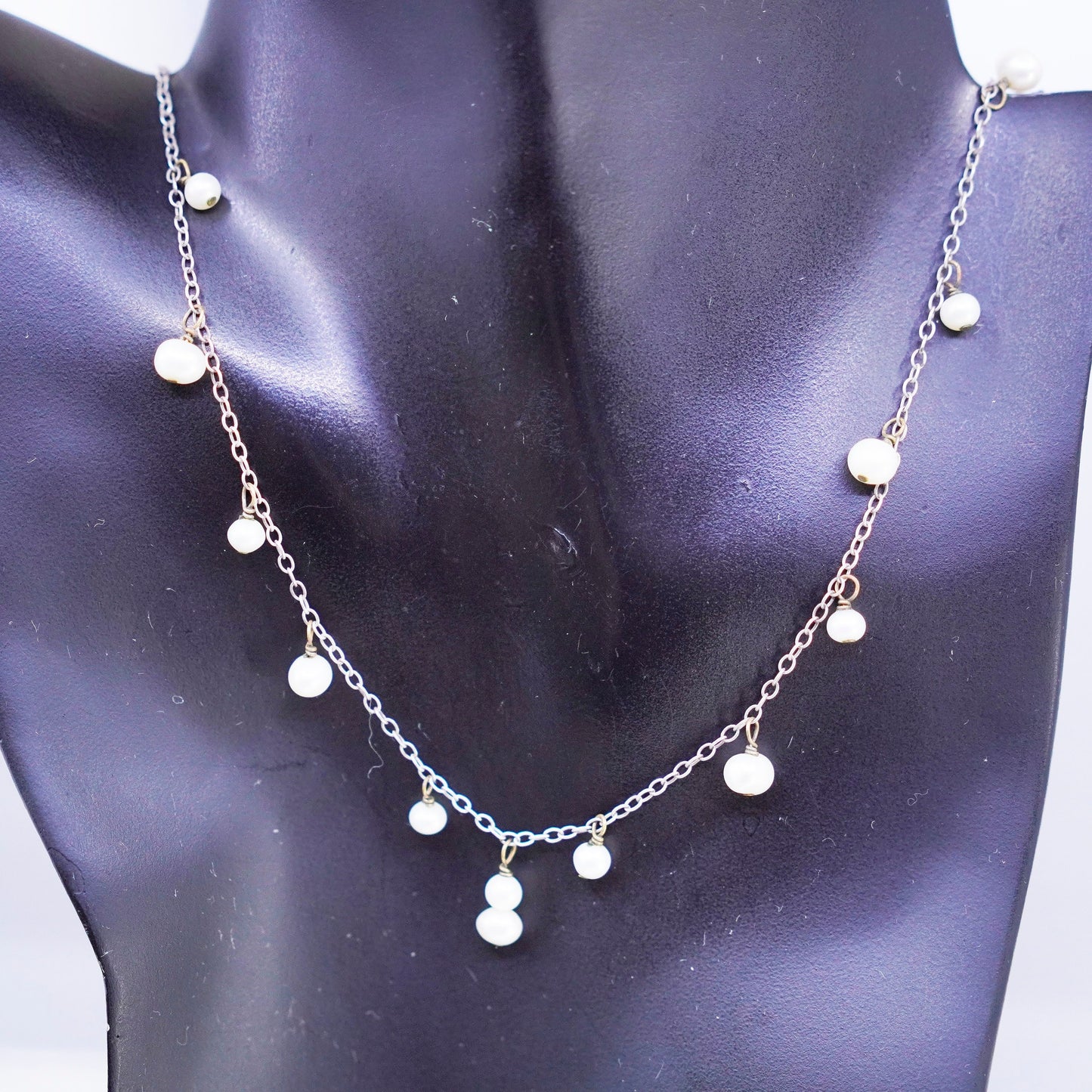 18”, vintage Sterling 925 silver handmade circle necklace with pearl beads