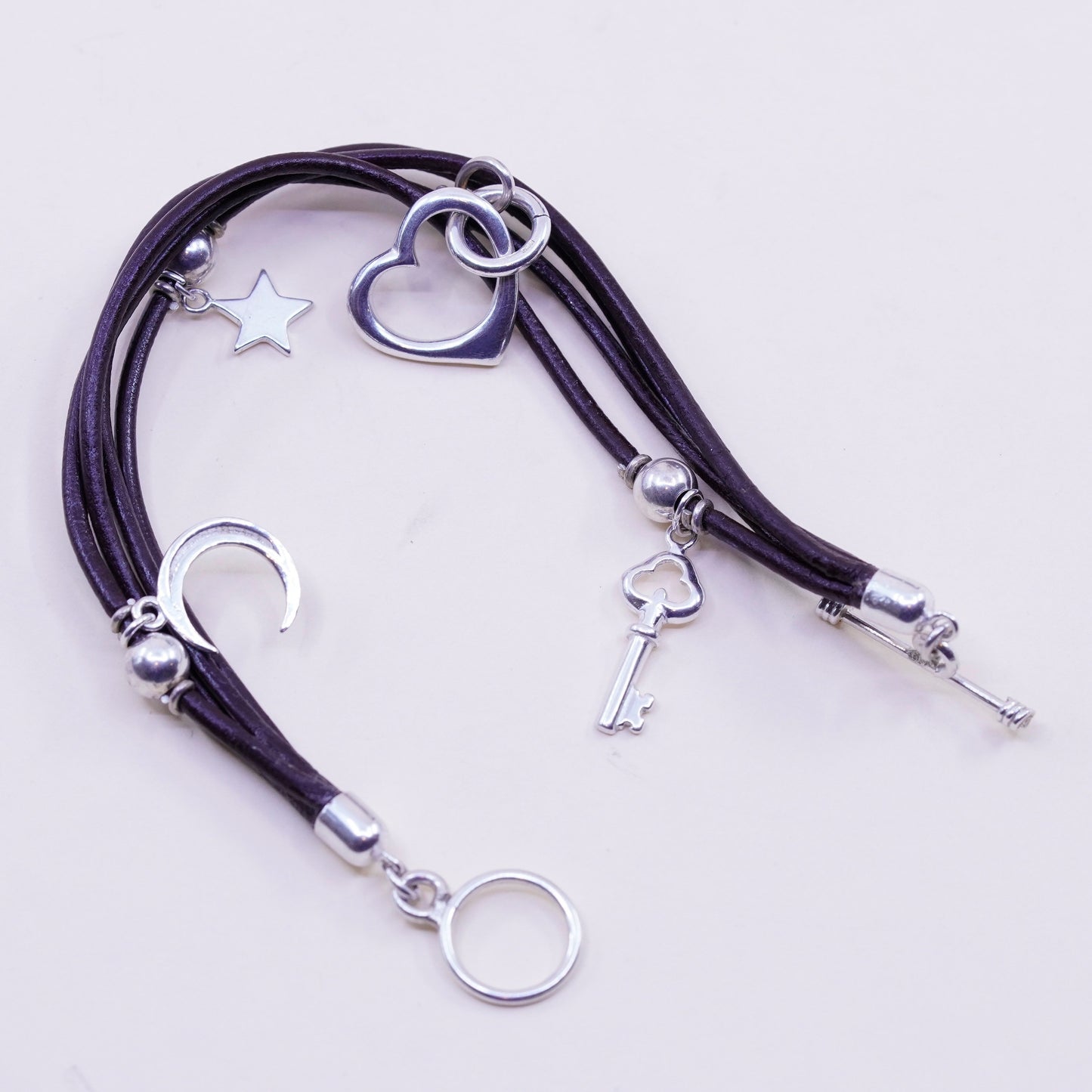 6.75”, Sterling 925 silver handmade moon star heart bracelet with leather core