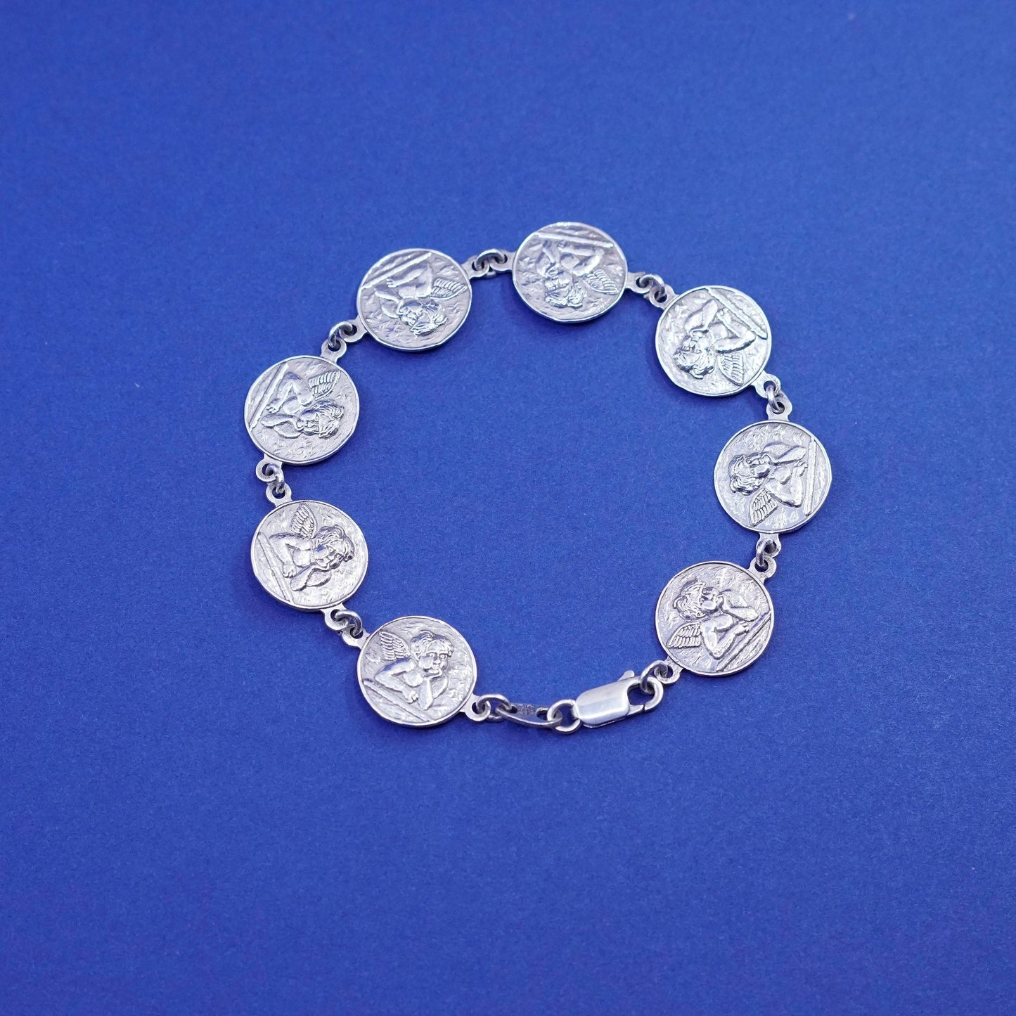 7”, Sterling 925 Silver Modernist Bracelet, modernist disc with Angel relief