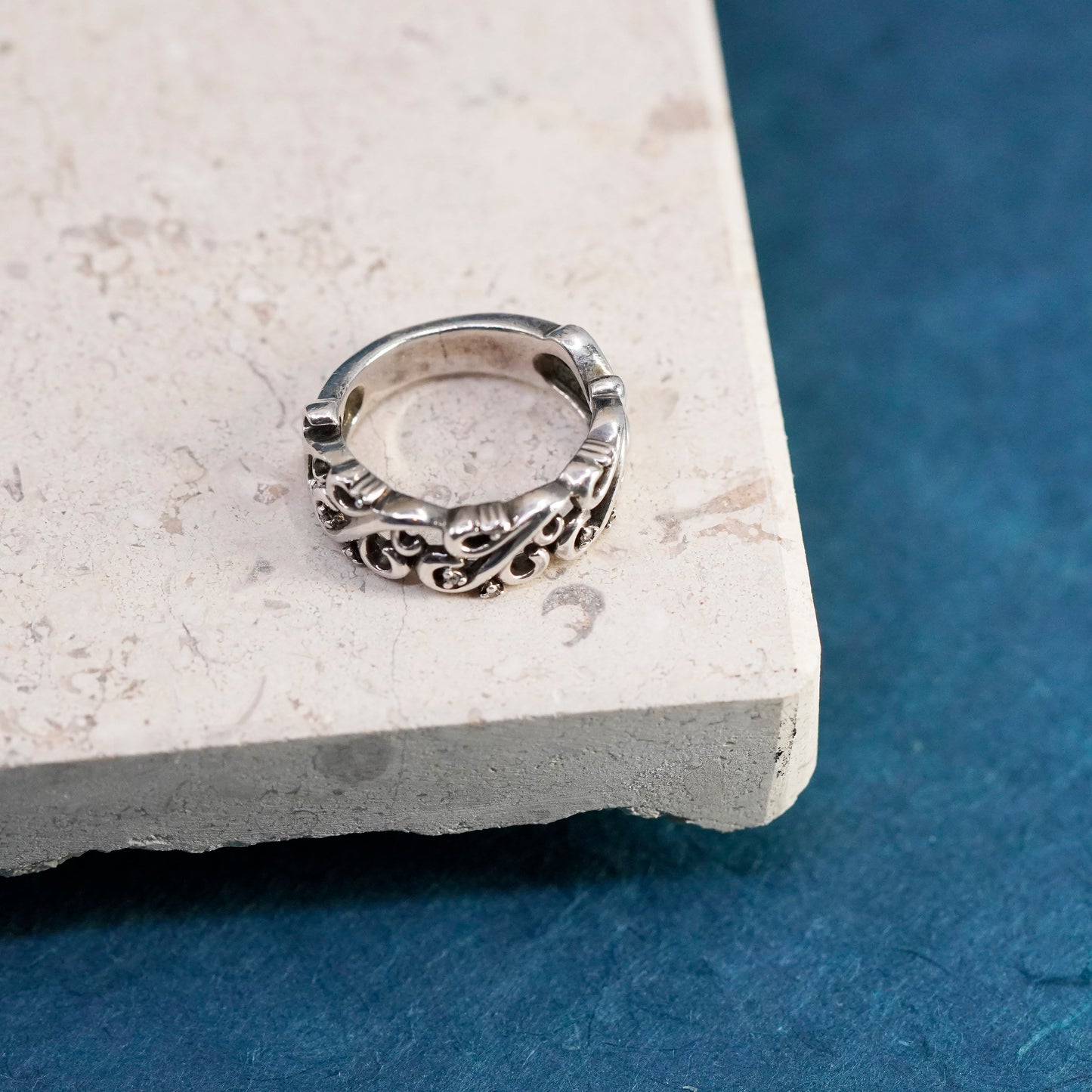 Size 5.5, vintage Sun Sterling 925 silver handmade swirly ring genuine diamonds