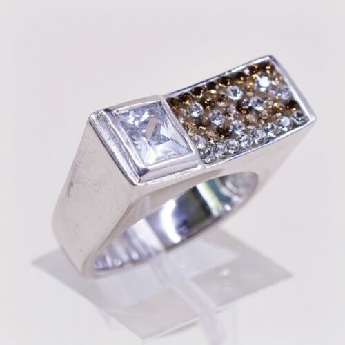 Sz 7, Vtg Sterling Silver Handmade Ring, 925 Silver Statement Band W/ Cluster Cz