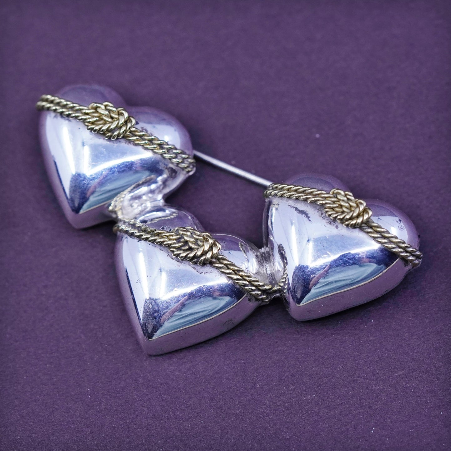 Vintage mexico handmade two tone sterling 925 silver heart brooch