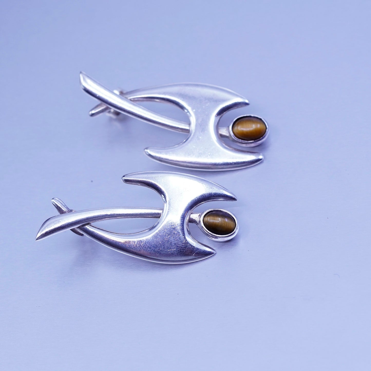 Mexico Sterling 925 silver handmade earrings, modern studs golden tigers eye