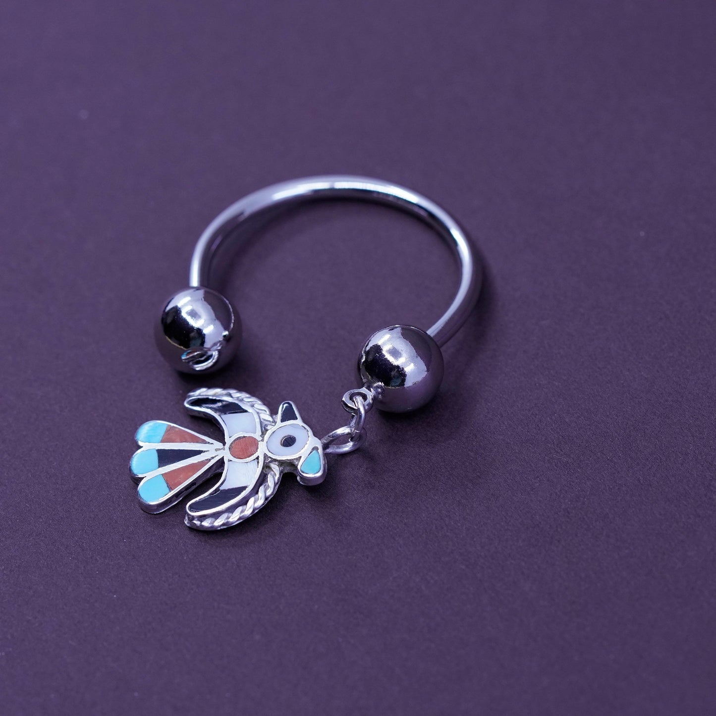key ring w/ Native American Sterling 925 silver thunder bird charm N turquoise