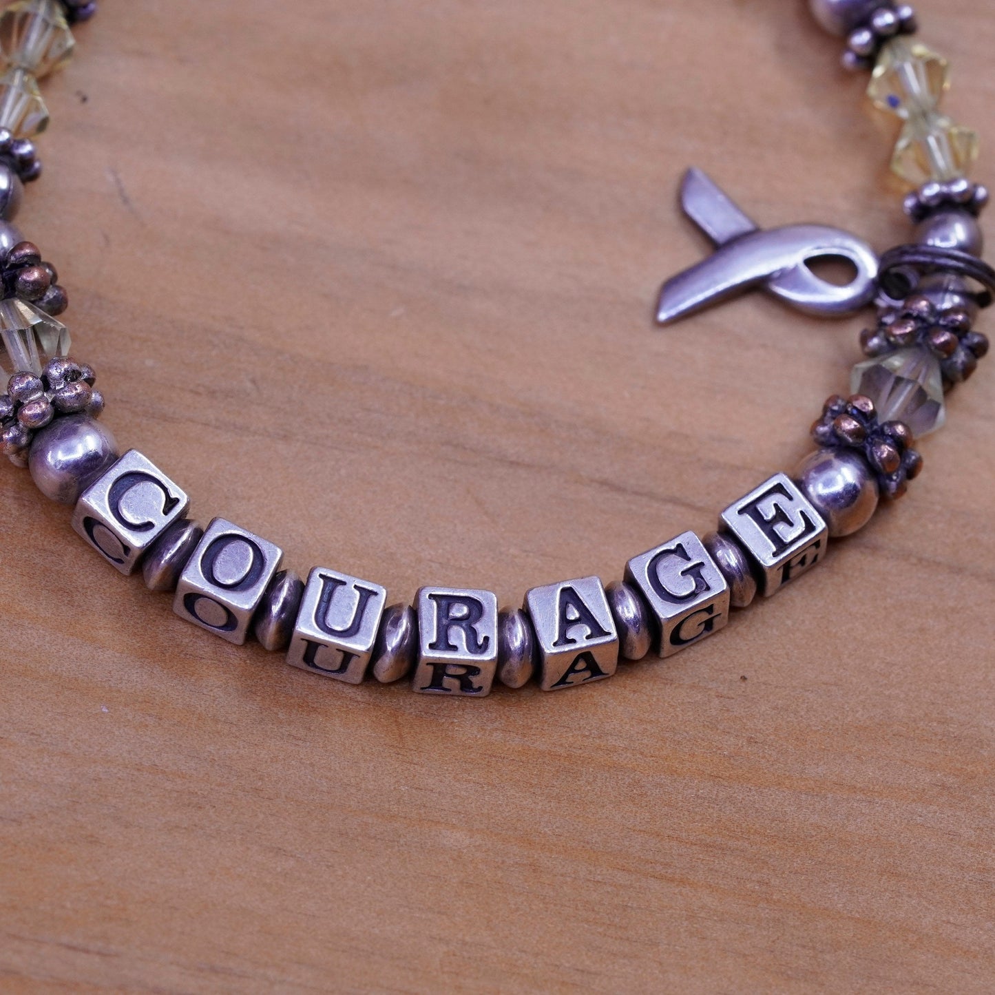 7”, Sterling 925 silver bracelet amethyst beads “courage cubes and ribbon charm