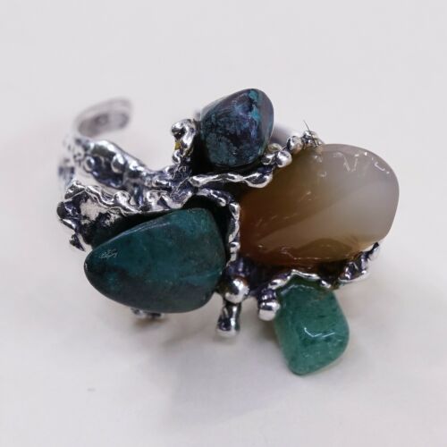 Sz Adjustable, Vtg Navajo Sterling 925 Silver W/ Turquoise Jade Ring, Silver Tes