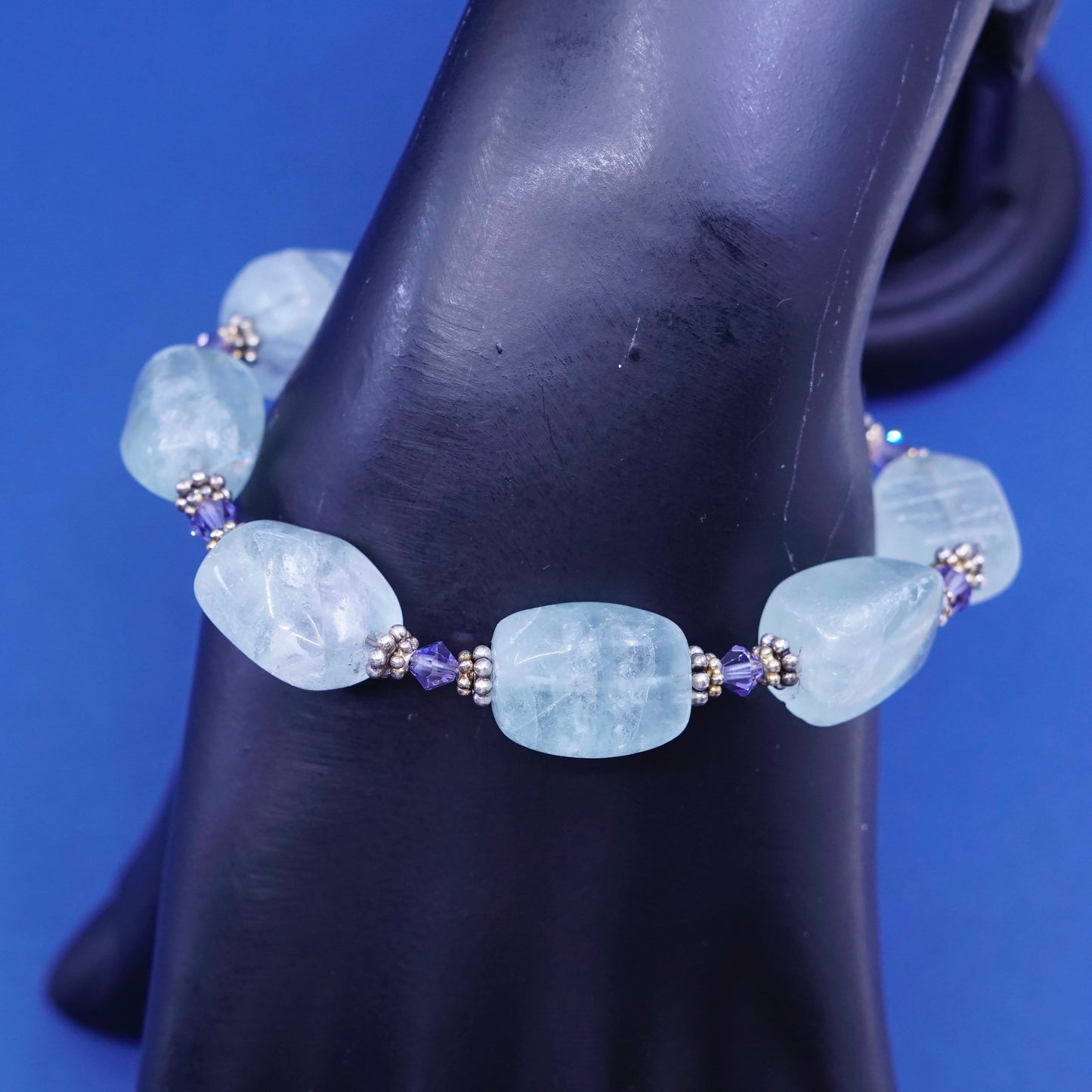 6.5”, Sterling silver bracelet, 925 bead charm with nugget prehnite grape stone