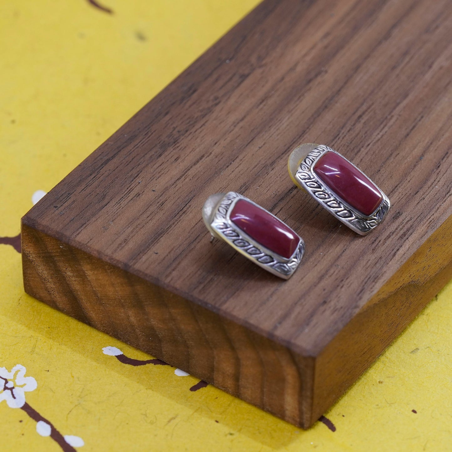 vtg Mexico Sterling silver handmade earrings, 925 rectangular studs red jasper