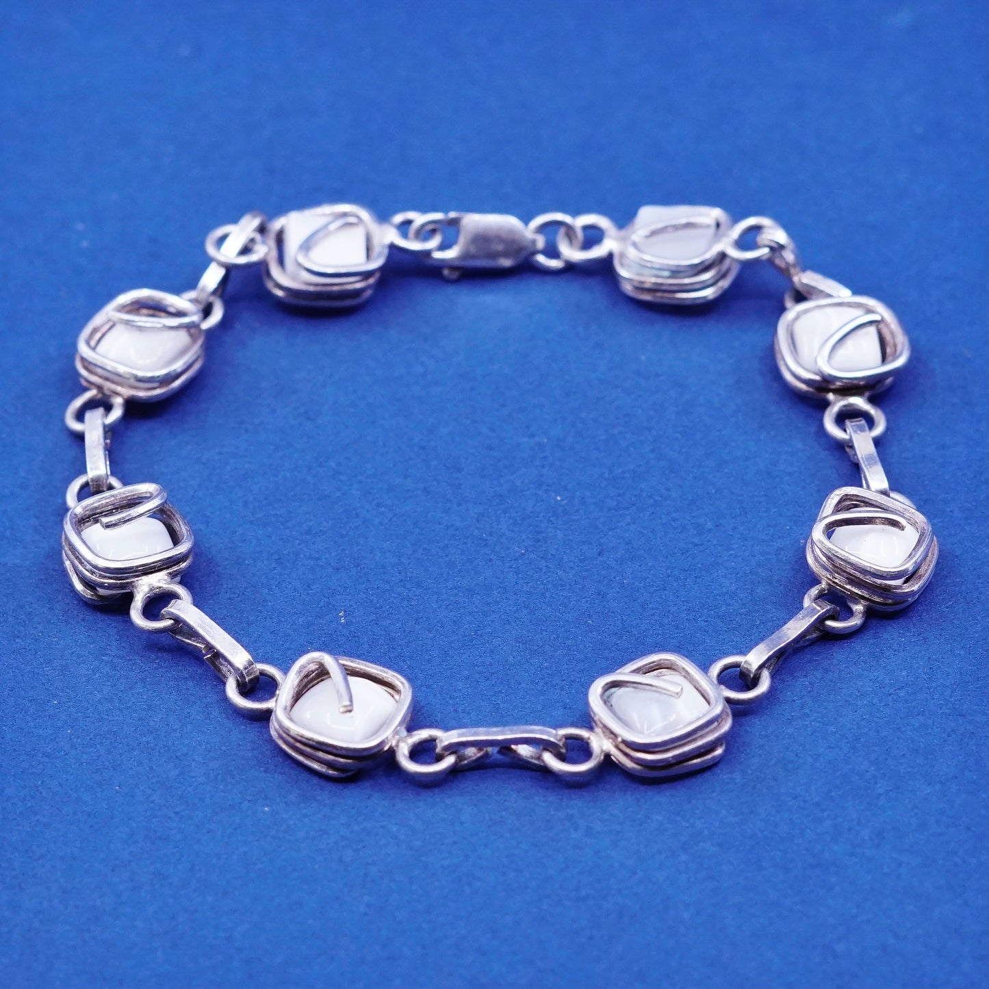 6”, vintage Sterling silver handmade bracelet, 925 wire with white tiger eye