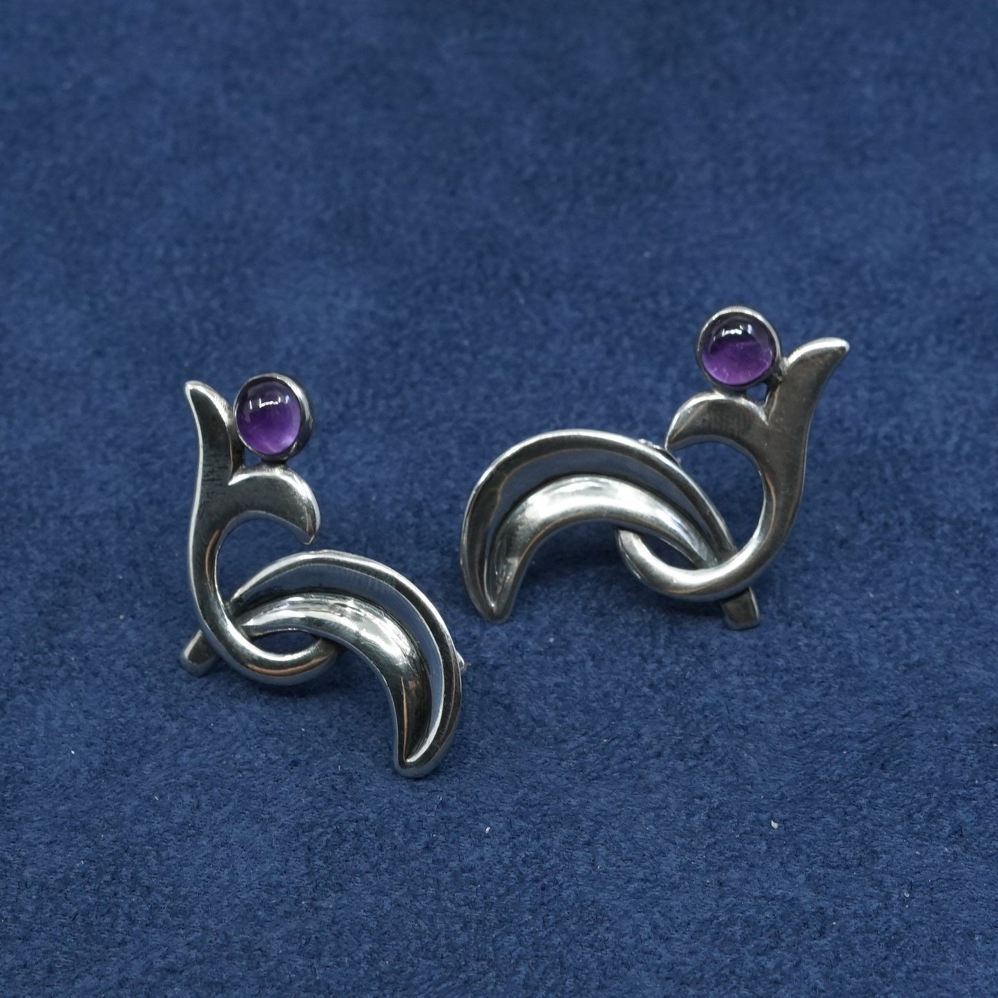 vtg JB Sterling silver screw back earrings, 925 swirl w/ amethyst bead