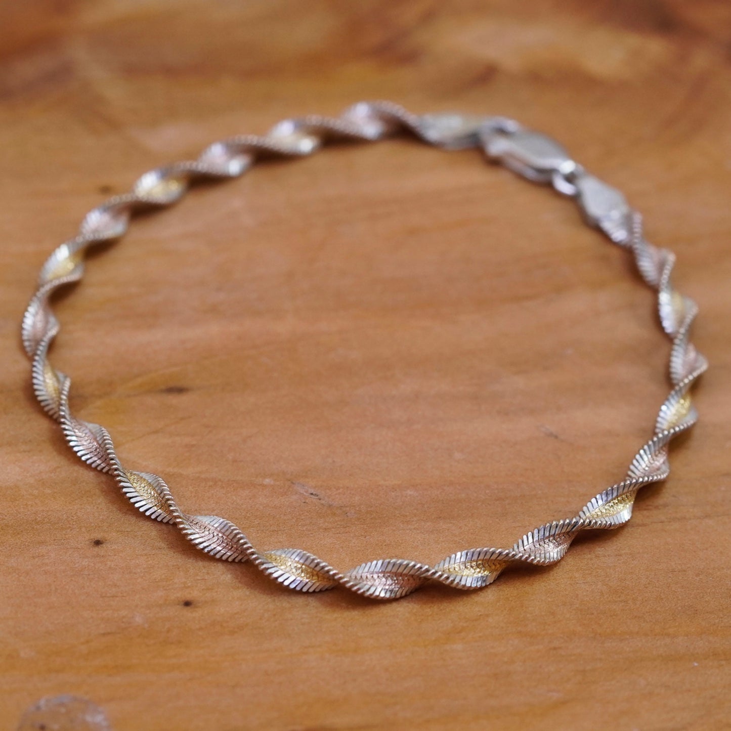 7.75”, vintage vermeil gold Sterling 925 silver twisted herringbone bracelet