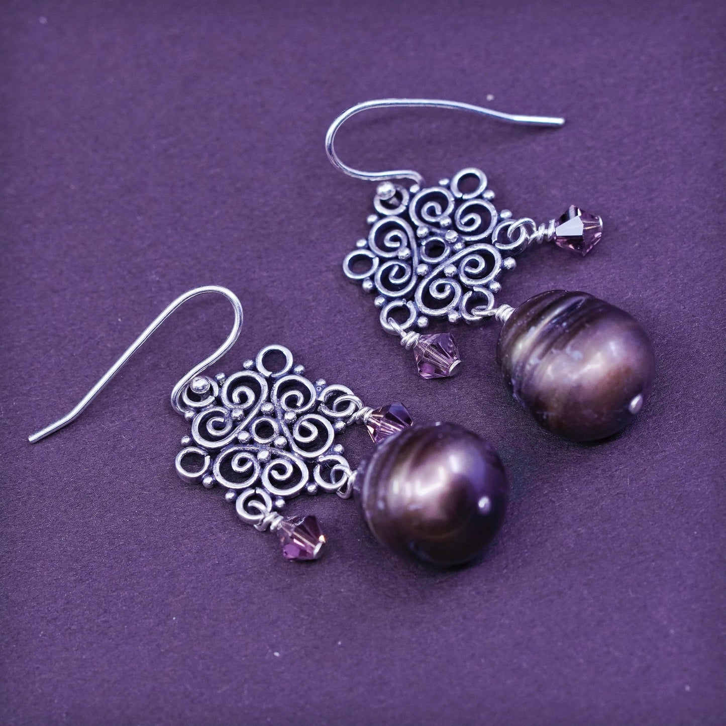 Vintage sterling silver handmade earrings, 925 filigree with purple pearl drops