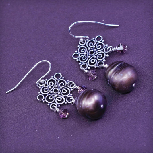 Vintage sterling silver handmade earrings, 925 filigree with purple pearl drops