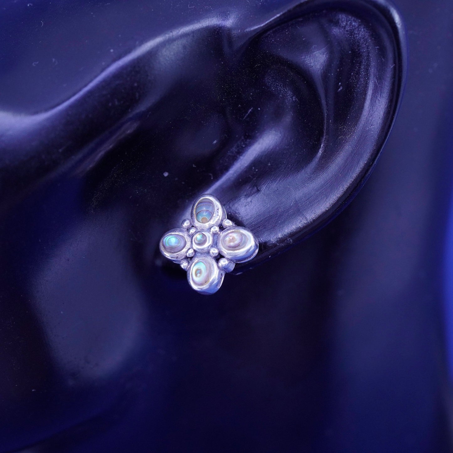 Vintage sterling silver handmade earrings, 925 floral studs with abalone