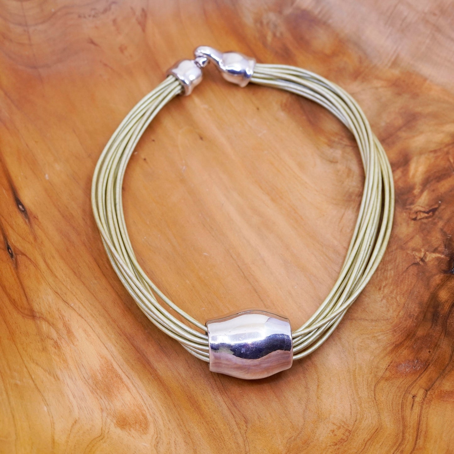 16”, Israel Sterling Silver Multi Strand golden Leather Necklace 925 Pendant