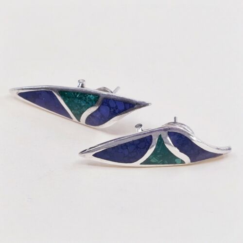 1.75”, Vtg Sterling Silver Handmade Earrings, Modern 925 Studs W/ Turquoise