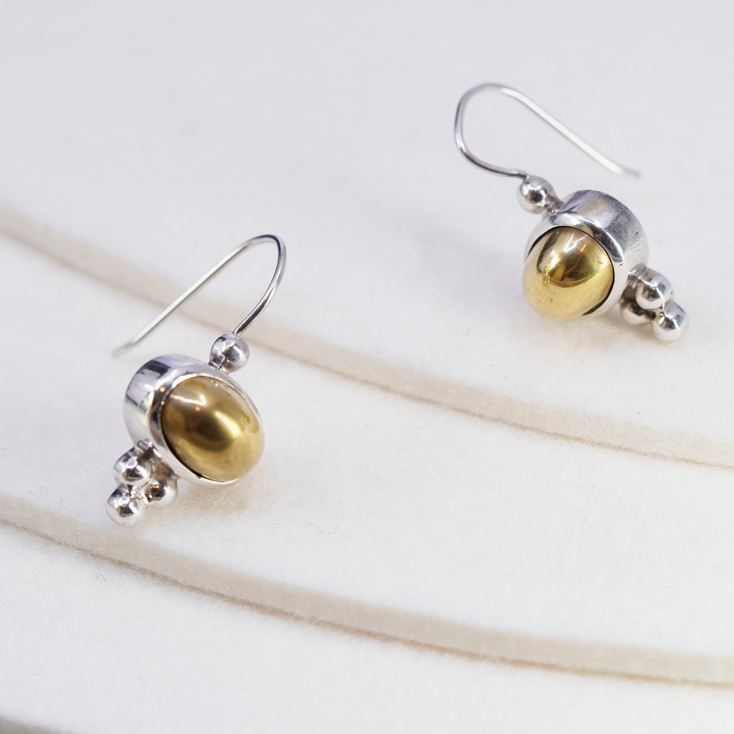 vintage Mexico Sterling silver handmade earrings, 925 dangles with brass center