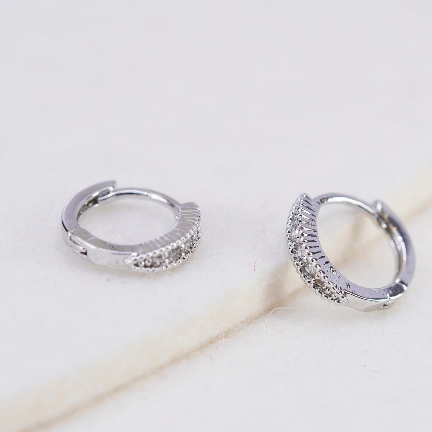 0.5”, vintage Sterling silver handmade earrings, 925 Huggie hoops with Cz