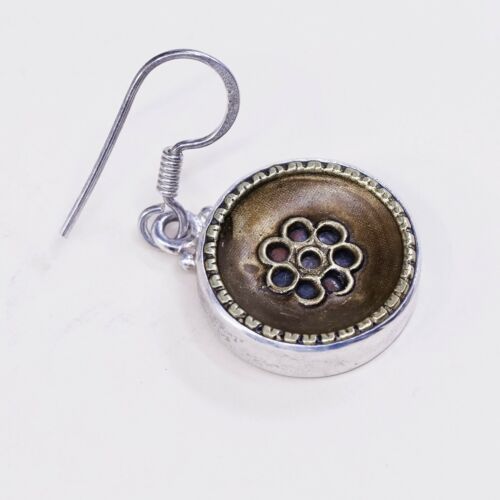 vtg two tone sterling silver handmade earrings 925 Button w/ brass beads