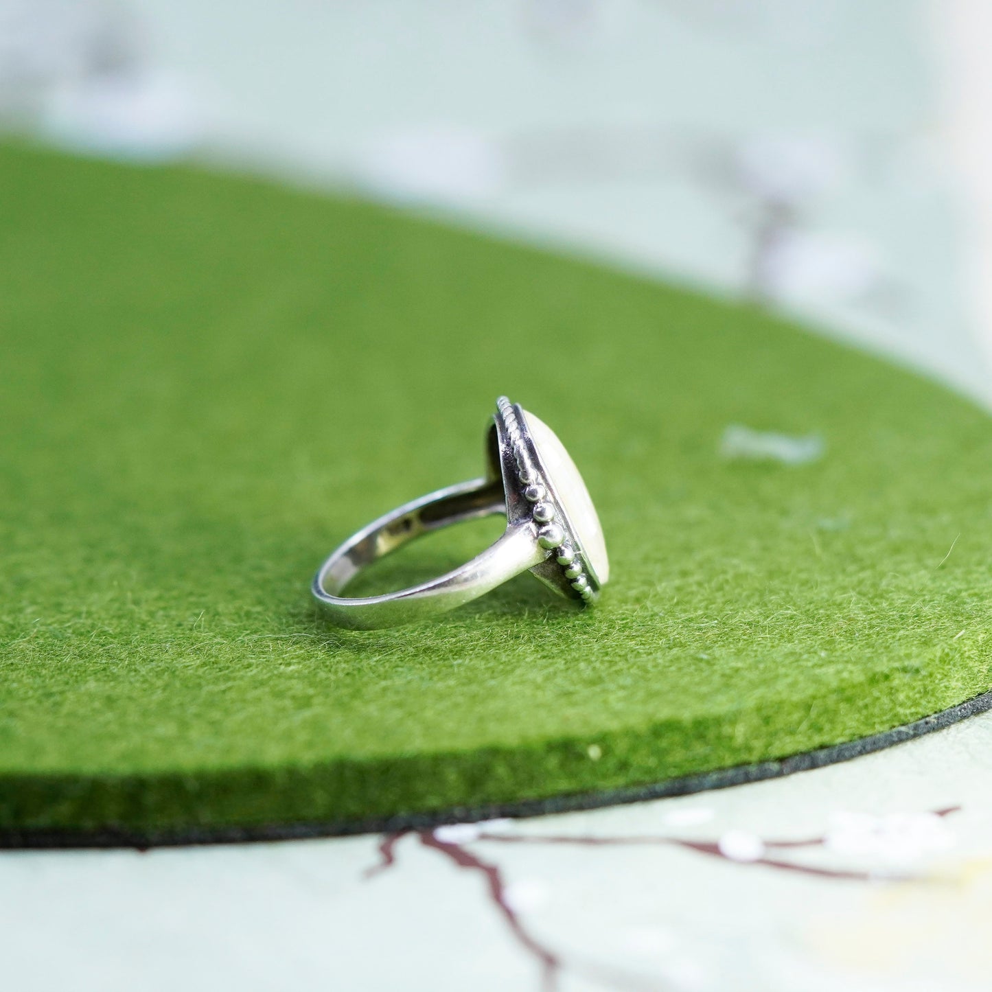 Size 8.75, Vintage sterling silver handmade ring with oval mother of pearl