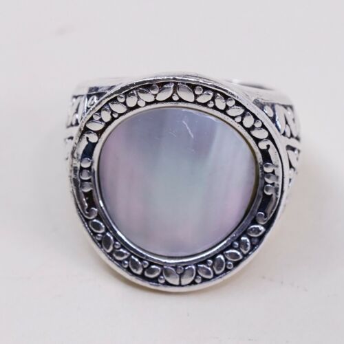Sz 7.5, Vtg CNA Indonesia Sterling Silver Handmade Cocktail Ring w/ Mop N Bali