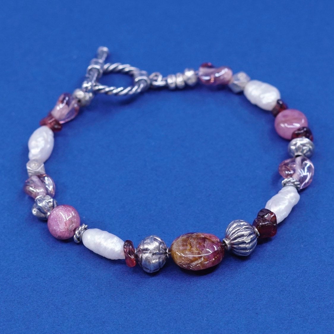 7", sterling 925 silver handmade bracelet, pearl w/ pink quartz beads