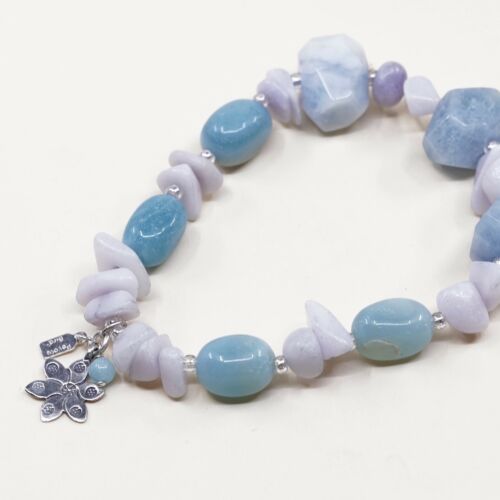 7”, Vtg Handmade Nugget Larimar, Quartz Bracelet W/ Elastic Band N 925 Flower