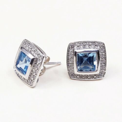 Vtg Fashionable Sterling Silver Handmade Earrings, 925 Studs W/ Blue Topaz