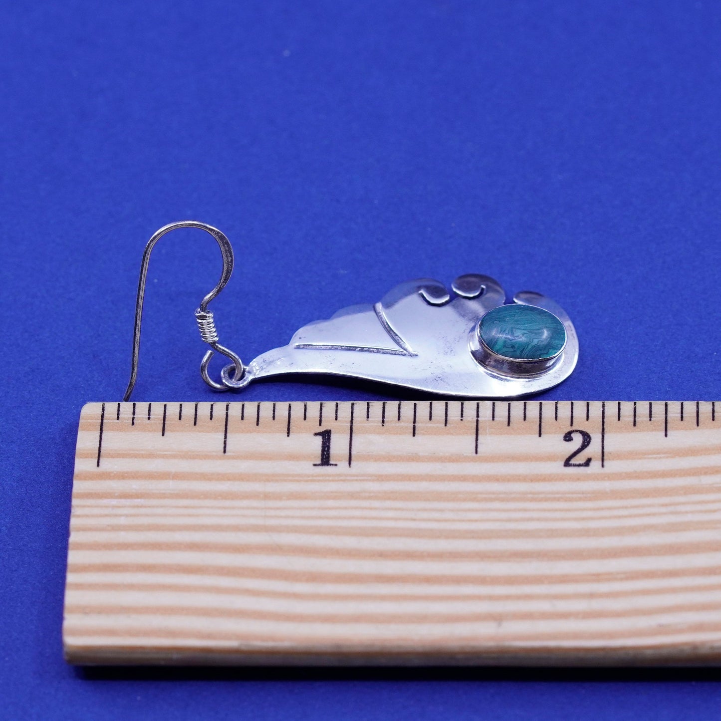 vtg mexico sterling silver handmade earrings, 925 wings dangles oval malachite