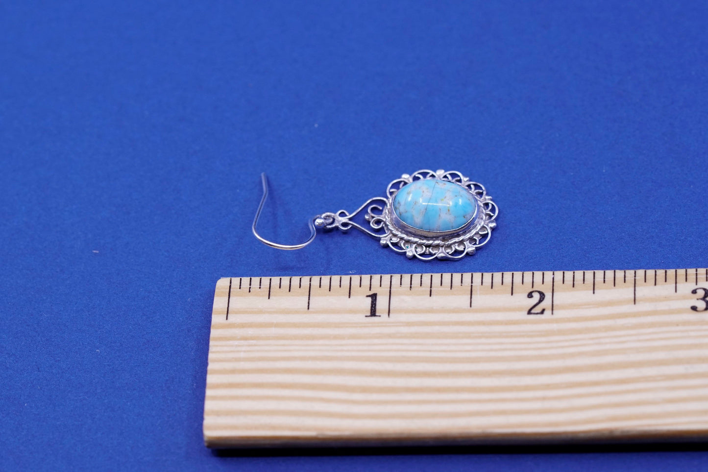 Vintage Sterling 925 silver handmade filigree earrings with oval turquoise