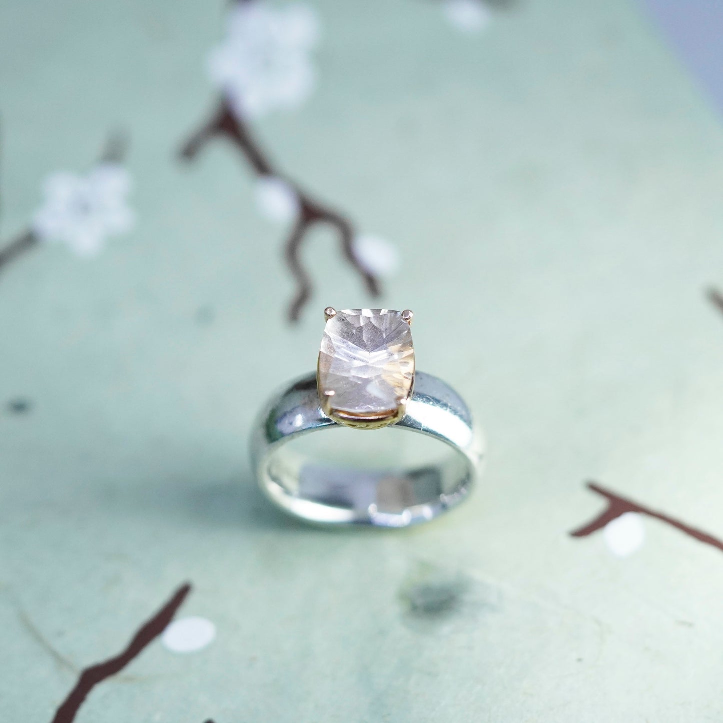 Size 7, VTG sterling 925 silver handmade pink crystal ring with 14K gold accent