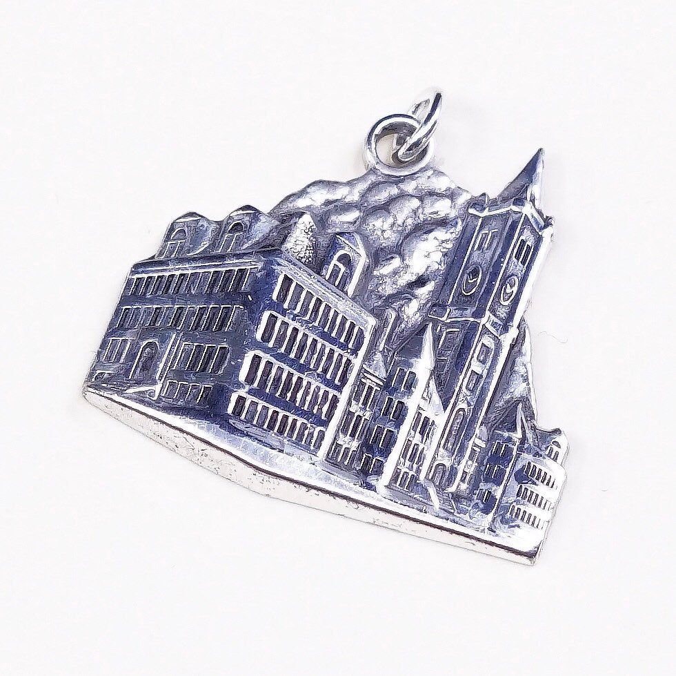 vtg Jostens Sterling silver city view pendant, 925 silver building charm