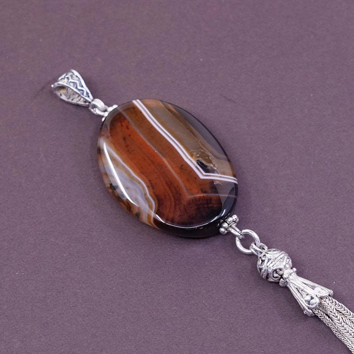 Southwestern Sterling silver handmade pendant, 925 w/ agate N wheat fringe