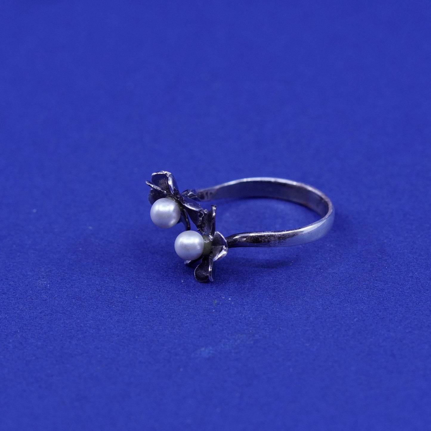 Size adjustable, vintage Sterling silver handmade ring, 925 flower with pearl
